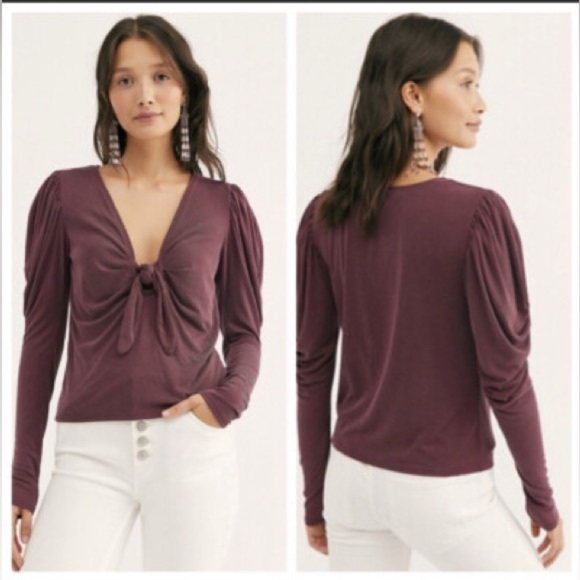 Free People Tops - FREE PEOPLE Tie The Knot Top Ribbed Puffed Long Sleeves Wine Size||XS